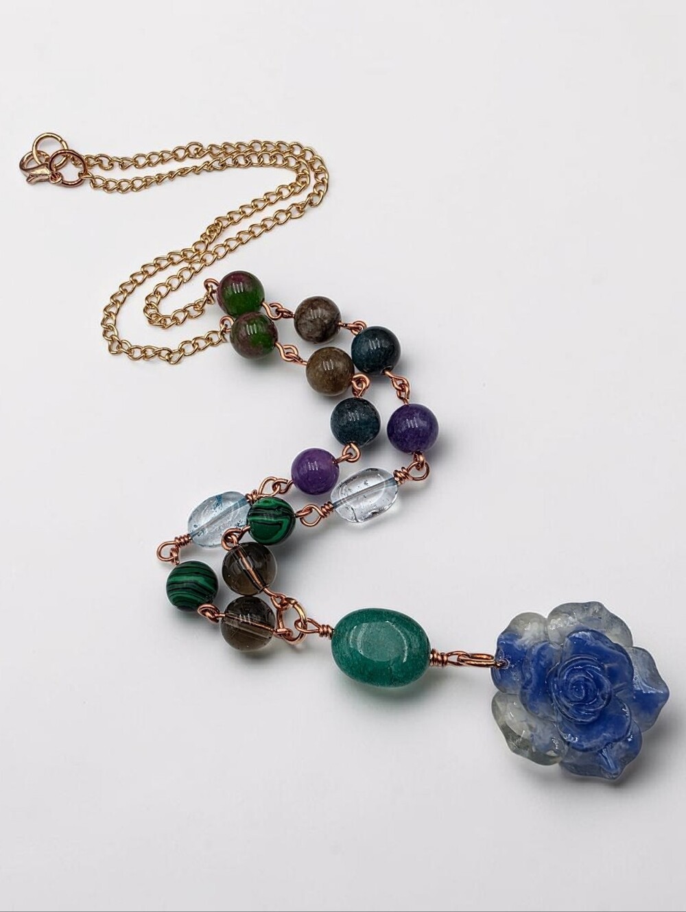 Multicolor Bead Necklace with Blue Rose Pendant